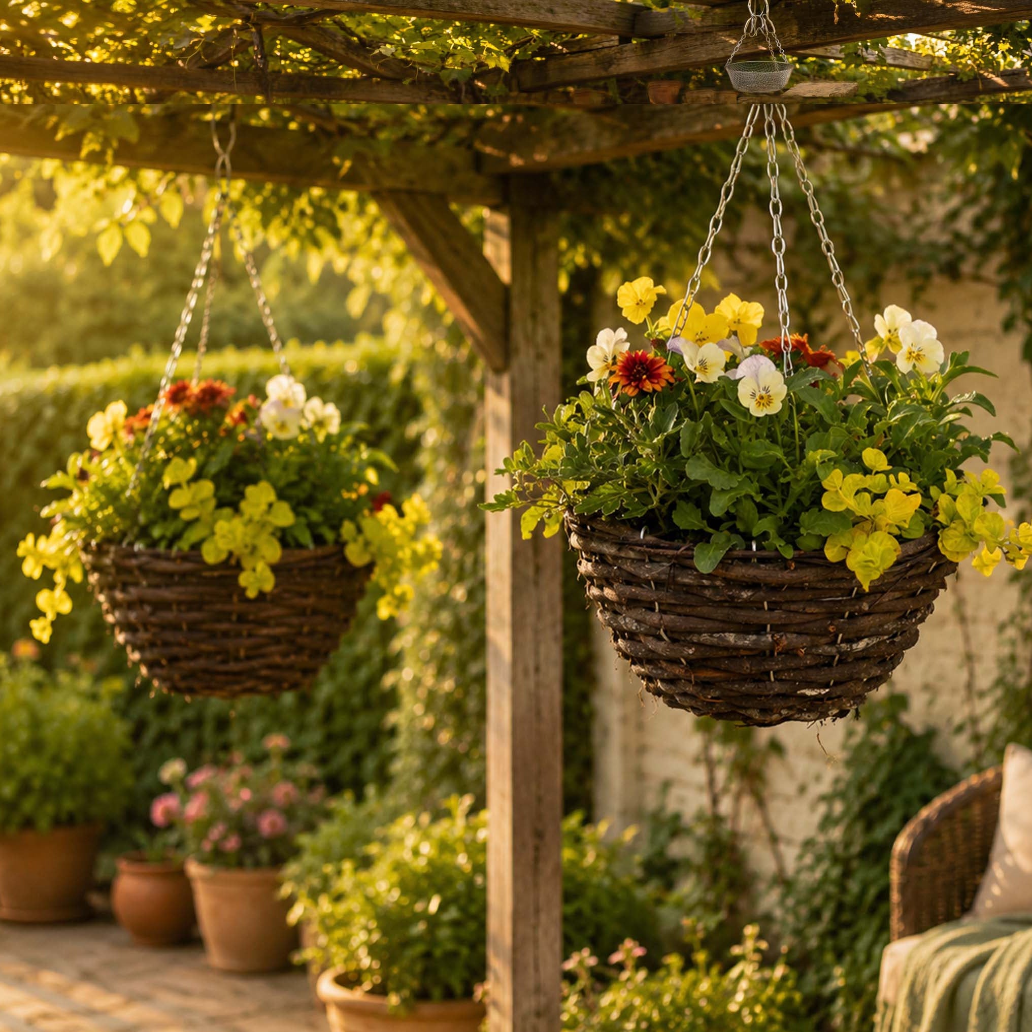 yellow, bronze flowers in a hanging basket