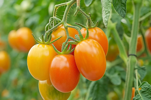 Orange and yellow tomato plant with fruit on